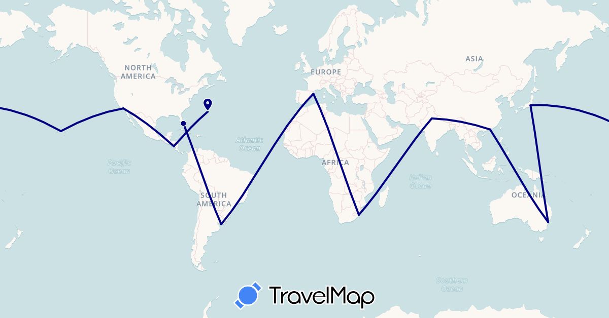TravelMap itinerary: driving in Australia, Bermuda, China, Spain, India, Japan, Nicaragua, United States, Uruguay, South Africa (Africa, Asia, Europe, North America, Oceania, South America)